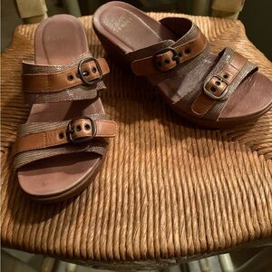 Dansko Brown Leather Slide Sandals with Buckles,